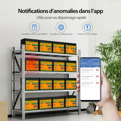 Application de surveillance de batterie montrant des notifications d'anomalies.