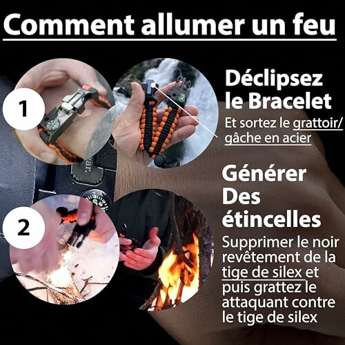 Guide visuel pour allumer un feu avec un bracelet de survie.