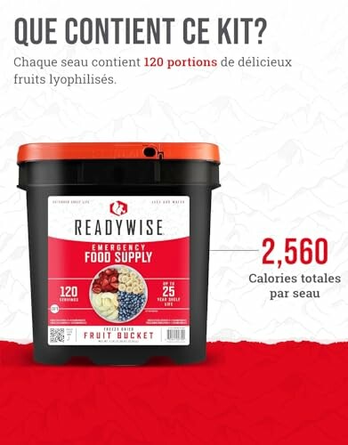 Seau de nourriture d'urgence avec fruits lyophilisés, 120 portions.