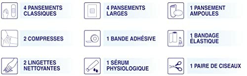 Contenu d'une trousse de premiers secours avec pansements et accessoires.