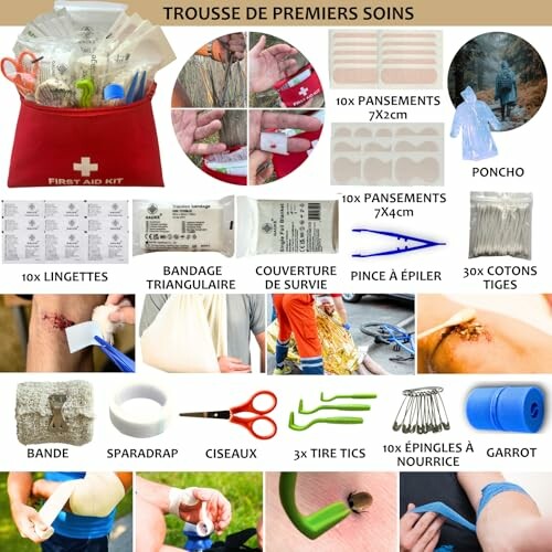 Contenu d'une trousse de premiers soins avec divers articles médicaux.