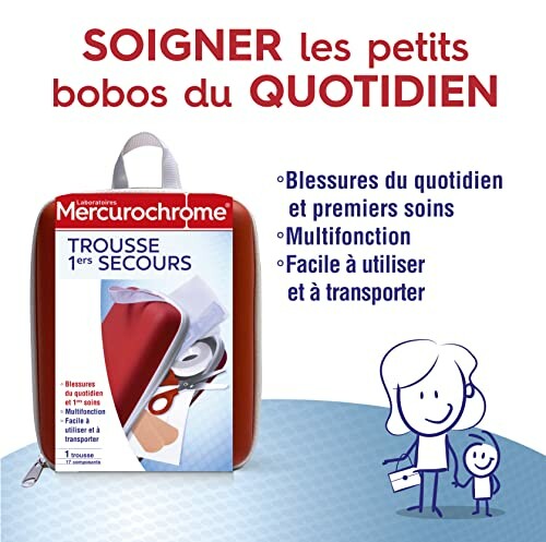 Trousse de secours Mercurochrome avec illustration d'utilisation.