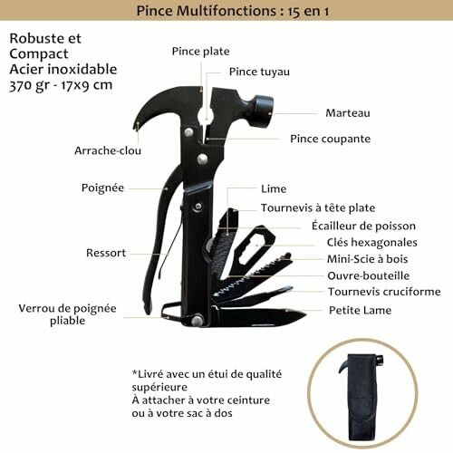 Illustration d'un outil multifonction 15 en 1 avec étui.