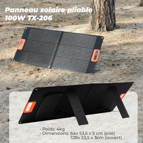 Panneau solaire pliable TX-206 de 100W avec dimensions et poids.