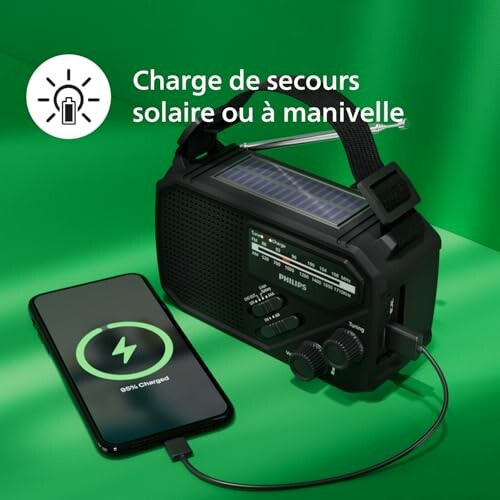 Radio avec charge de secours solaire ou à manivelle connectée à un smartphone.